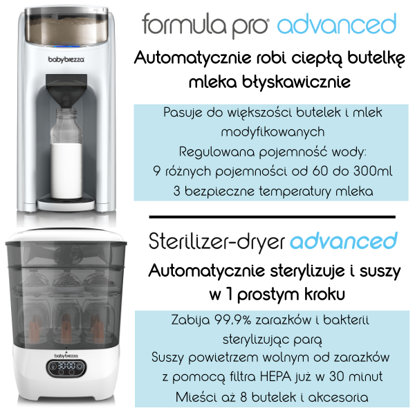 TANIEJ W ZESTAWIE: Ekspres do mleka Baby Brezza Formula Pro Advanced + Sterilizer Dryer Advanced All White