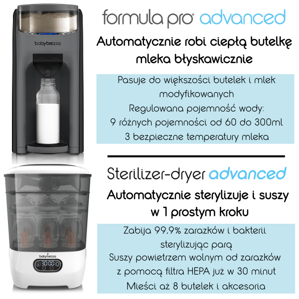 TANIEJ W ZESTAWIE: Ekspres do mleka Baby Brezza Formula Pro Advanced Charcoal + Sterilizer Dryer Advanced